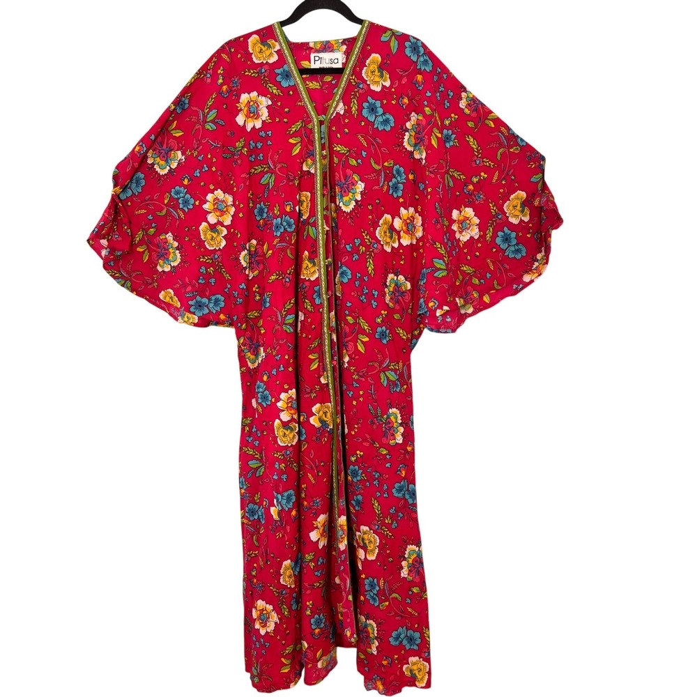 Pitusa Kaftan Maxi Dress Women One Size Pink Floral Cotton Kimono Sleeve Resort